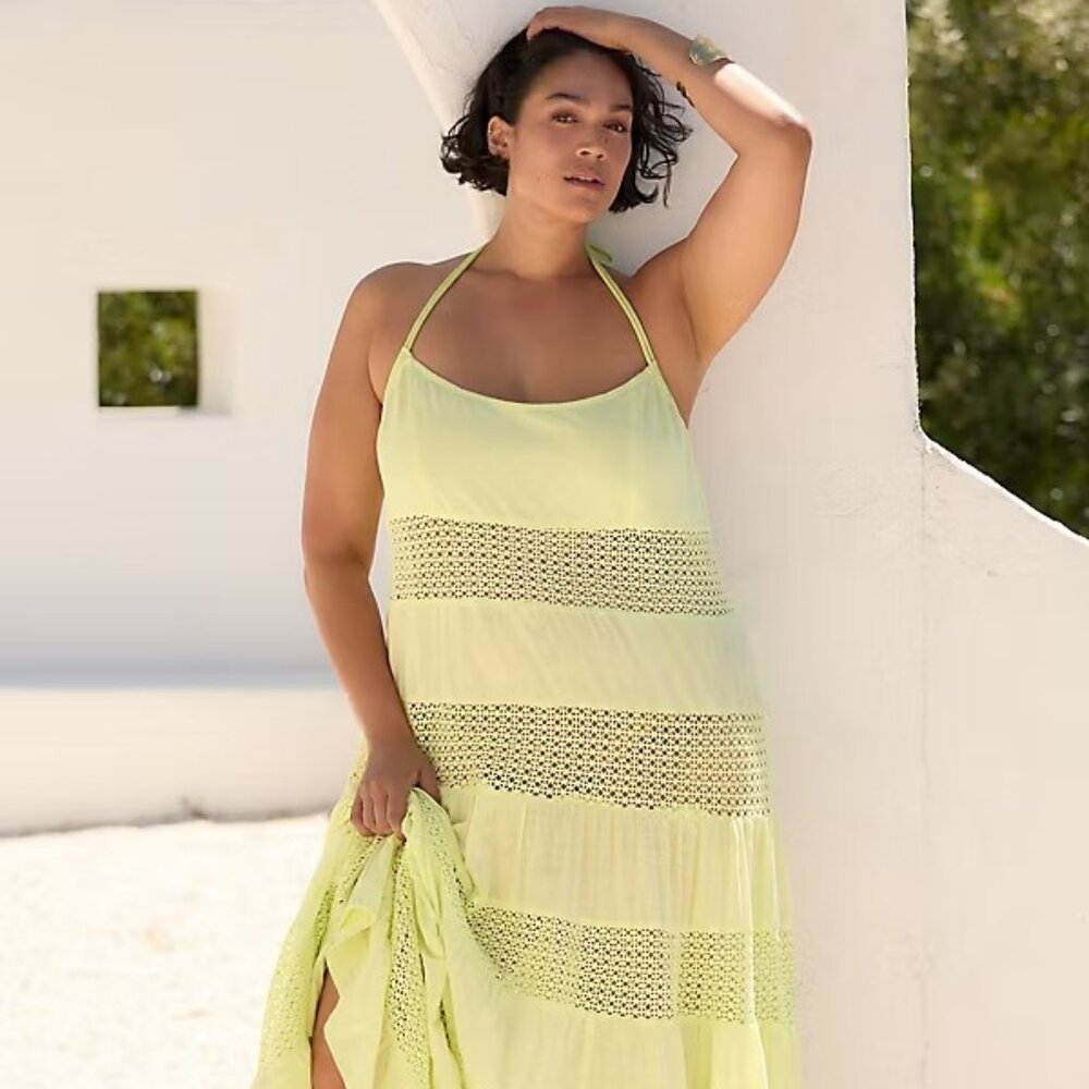 By Anthropologie Sheer Lace Tiered Midi Dress XL new with tag YELLOW - Picture 5 of 9